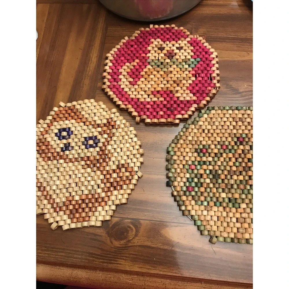 Set 3‎ Vintage wooden Bamboo hot pads 70's trivets